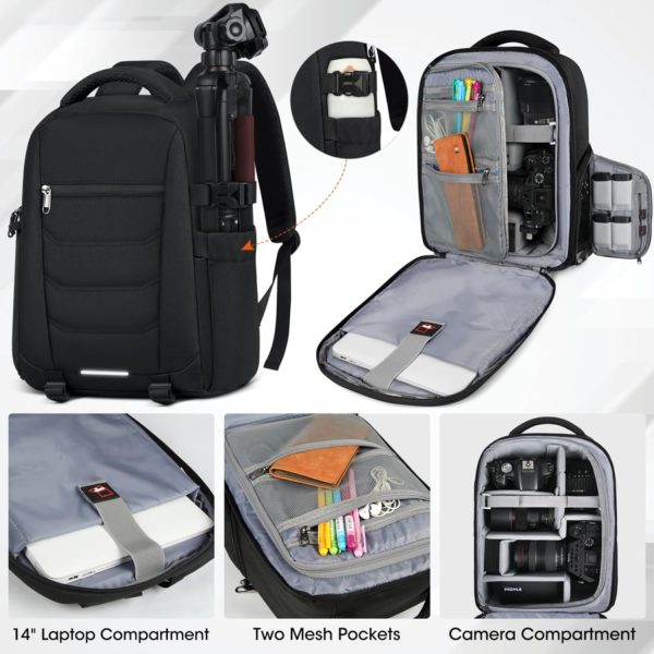 SDYSM Camera Bag Backpack Professional for DSLR SLR Mirrorless Camera Waterproof Laptop Back Pack 14 Inch with Rain Cover Anti Theft Travel Case Large Capacity Photography Backpack Black - Image 2