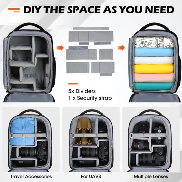 SDYSM Camera Bag Backpack Professional for DSLR SLR Mirrorless Camera Waterproof Laptop Back Pack 14 Inch with Rain Cover Anti Theft Travel Case Large Capacity Photography Backpack Black - Image 6
