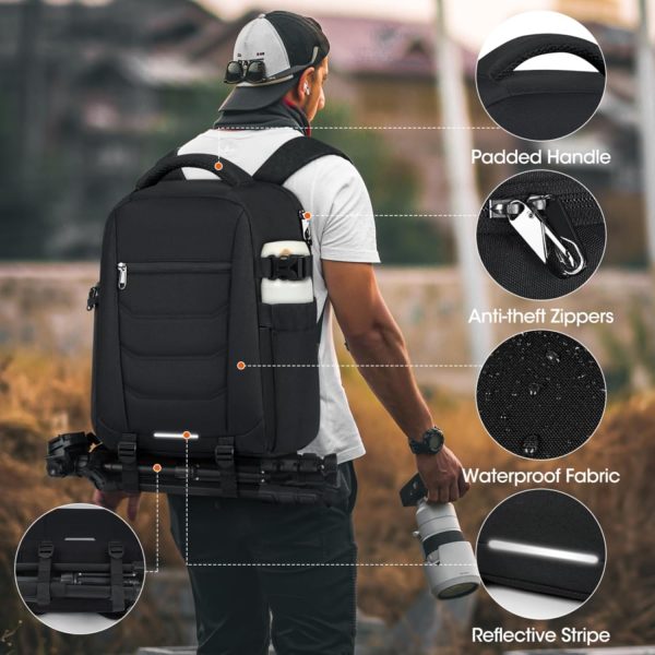 SDYSM Camera Bag Backpack Professional for DSLR SLR Mirrorless Camera Waterproof Laptop Back Pack 14 Inch with Rain Cover Anti Theft Travel Case Large Capacity Photography Backpack Black - Image 7